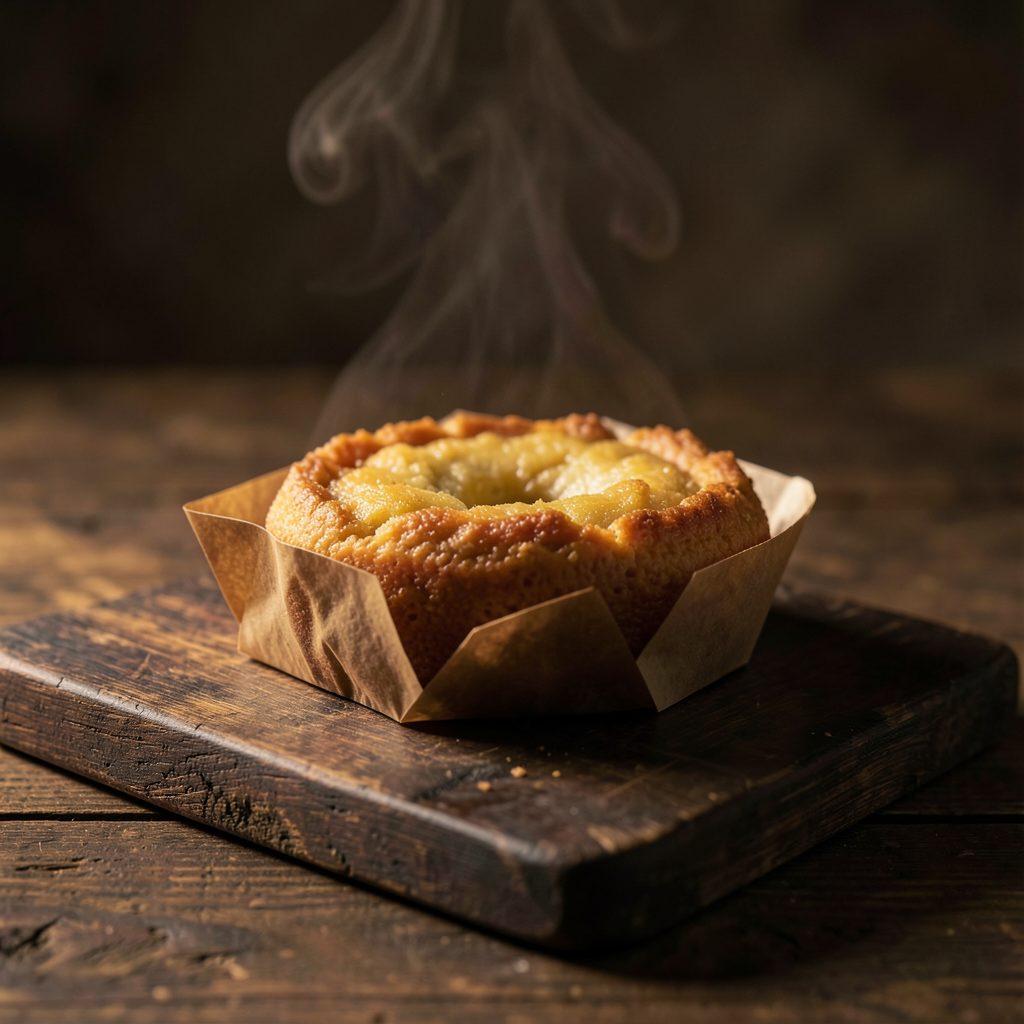 A frozen turnip cake in simple packaging on a dark wooden board with warm lighting