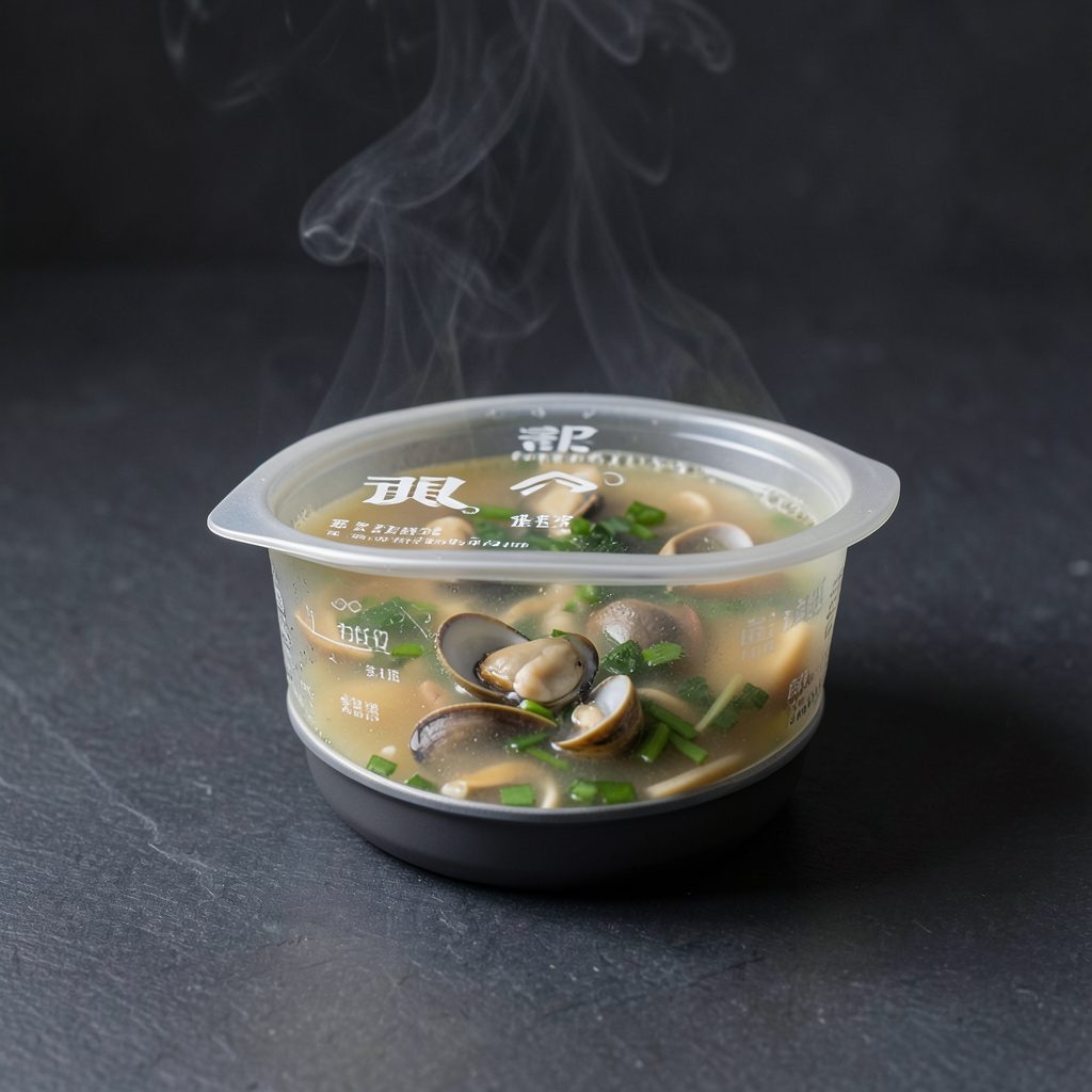 A frozen soup base pack featuring the clam broth in matte packaging against a dark slate surface