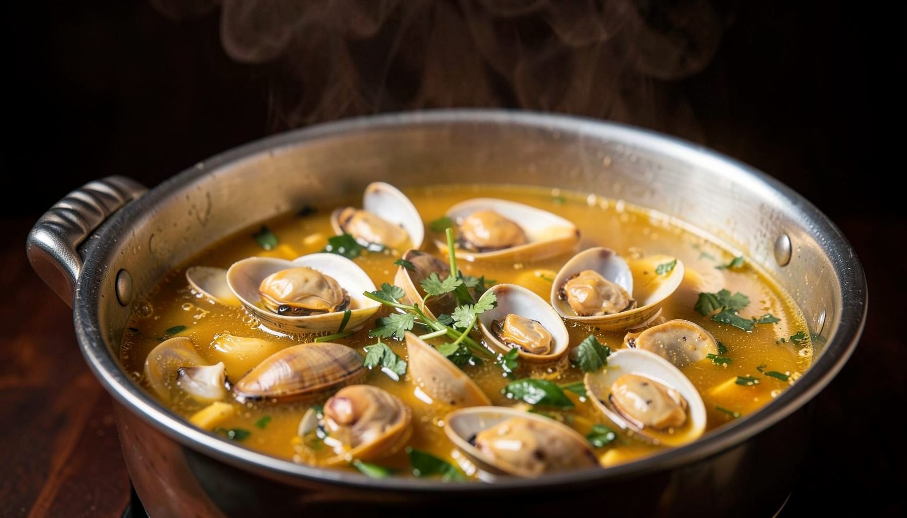 A steaming pot of Cantonese-style clam hot pot with a rich golden broth, fresh clams, and aromatic herbs, dark moody backdrop