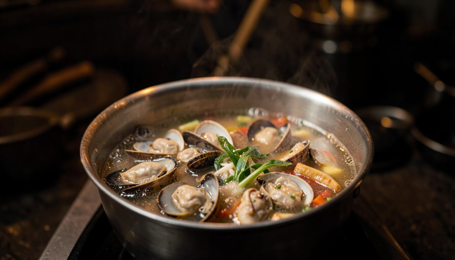 A steaming pot of Cantonese-style hot pot broth with fresh clams and aromatics, set against a dark moody kitchen backdrop