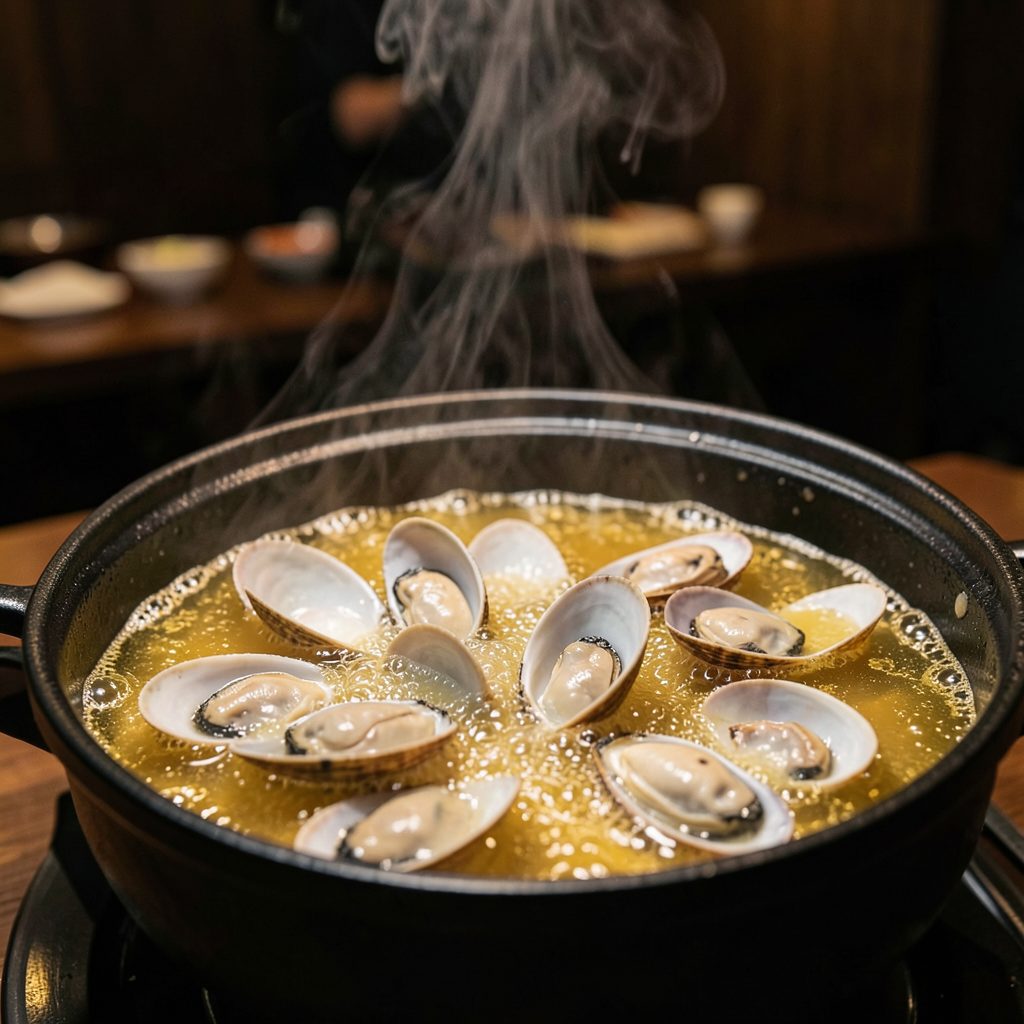 A close-up of a bubbling Cantonese clam hot pot broth in a dark pot, with fresh clams opening in the golden liquid, steam rising