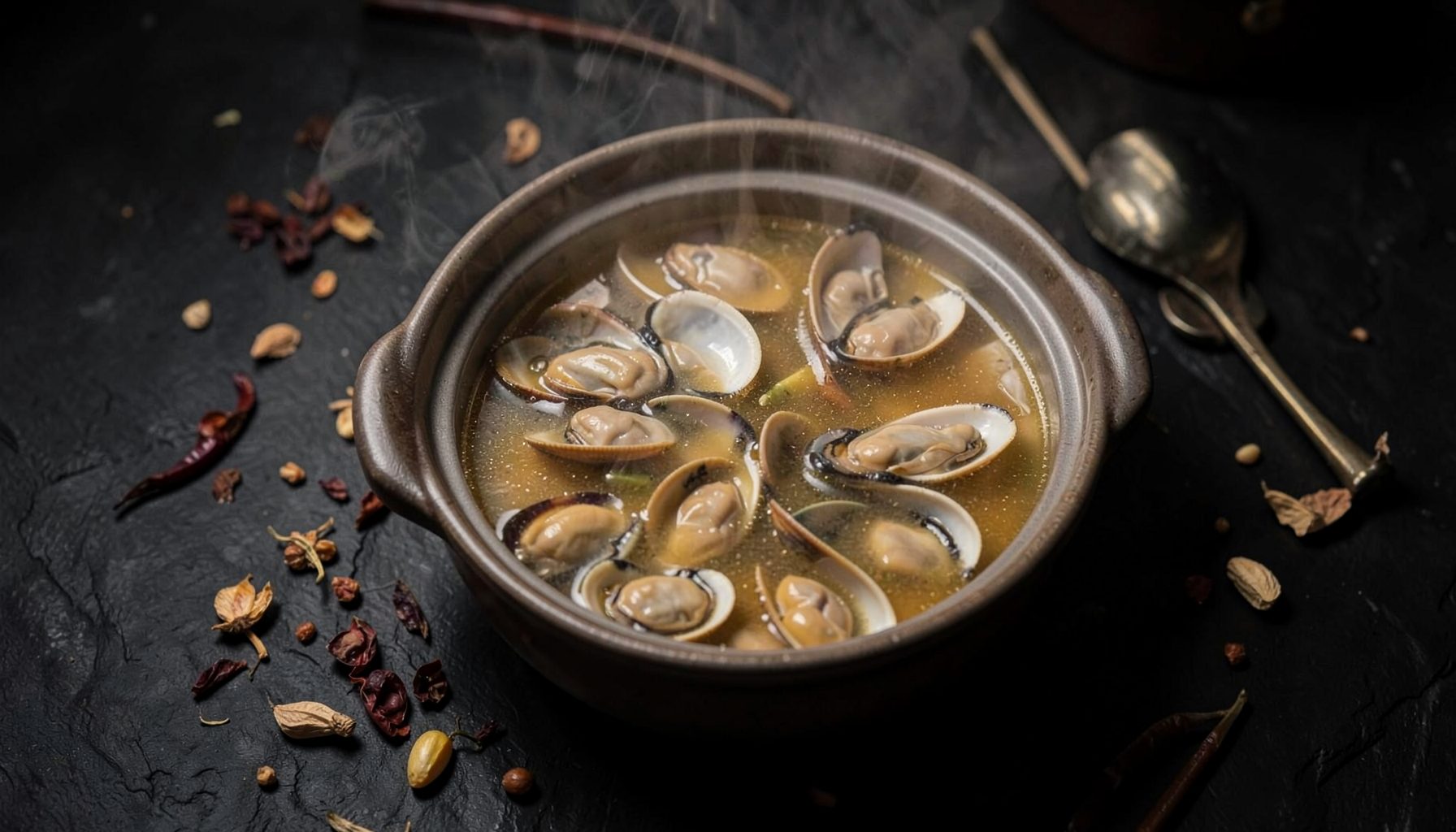 A warm, moody overhead shot of a simmering Cantonese-style hot pot with fresh clams, golden broth, and scattered aromatics