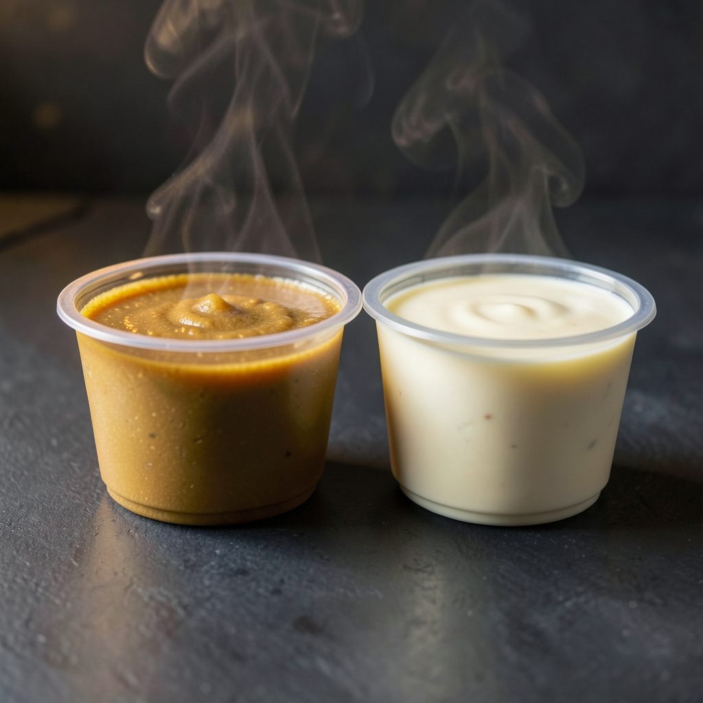 A duo pack of frozen soup bases side by side on a charcoal-toned surface, one golden and one milky