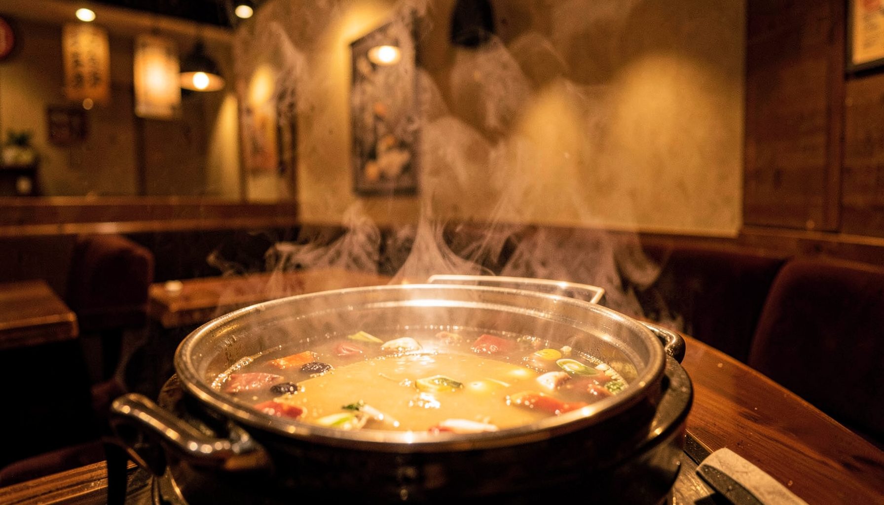 Warm amber-lit hot pot restaurant interior with steam rising from a simmering broth, cozy brown and gold tones