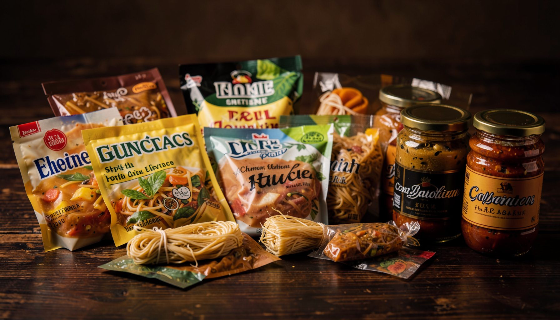 Assorted frozen soup base pouches, dried noodle bundles, and jars of signature sauces arranged on a dark wooden table