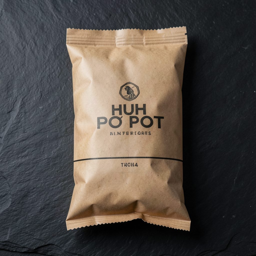 A pack of dried noodles in understated kraft packaging on a textured dark slate background