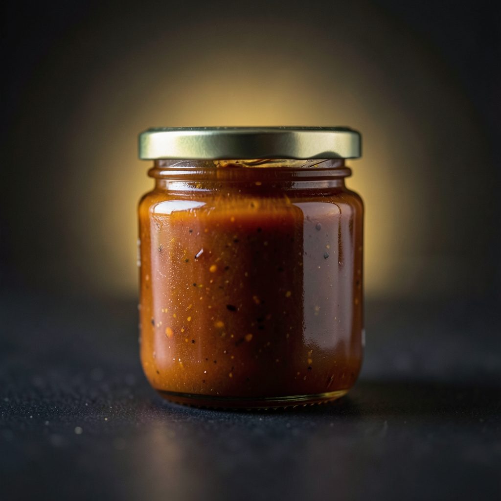 A small jar of house-made signature sauce with a rich amber hue against a dark background