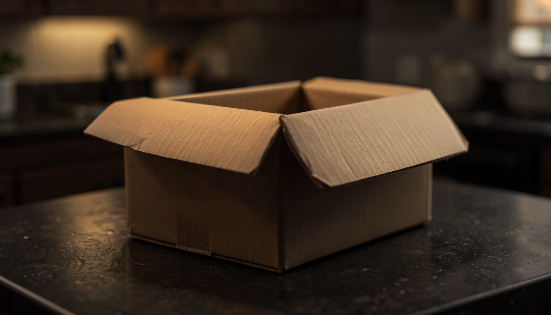 A neatly packed cardboard shipping box with insulated lining, resting on a dark kitchen counter; soft warm light from above
