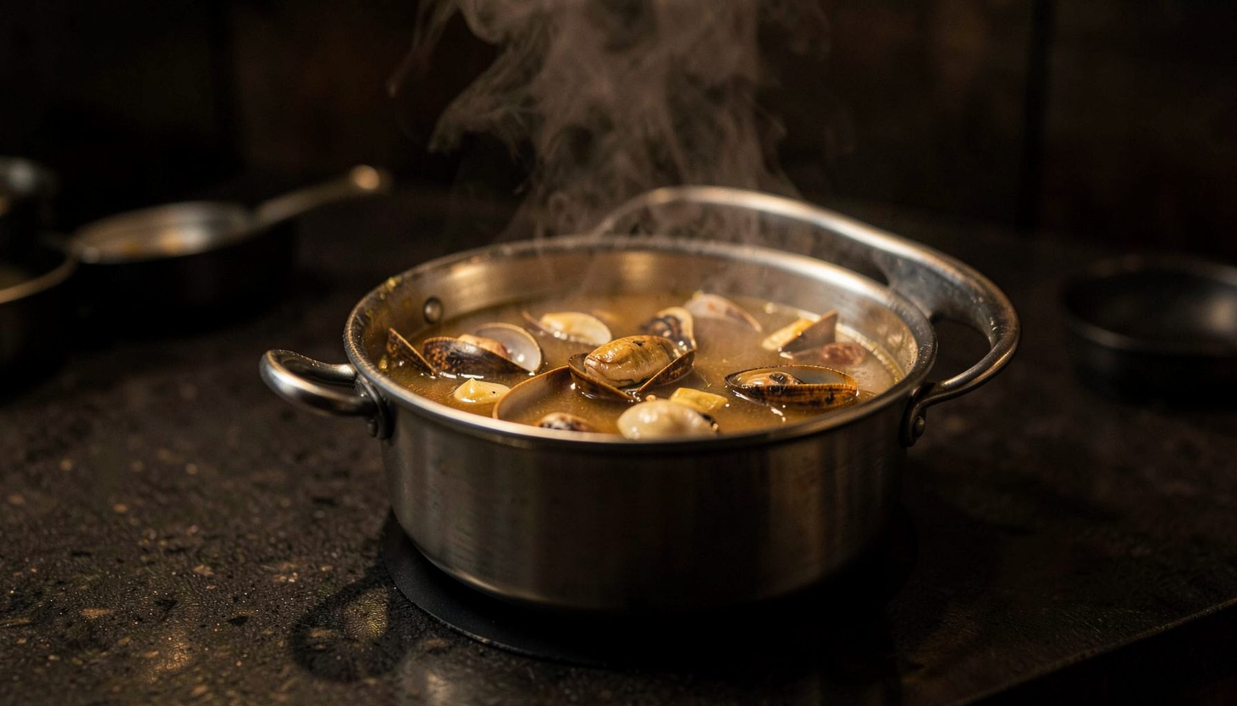 Warm dark kitchen counter with a steaming pot of clam hot pot broth, deep amber and charcoal tones, cozy and inviting mood