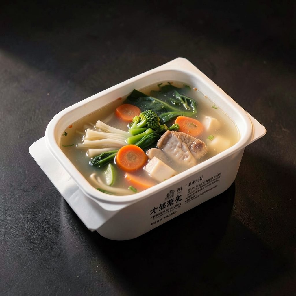 A frozen personal hot pot soup base pack with clean minimalist packaging on a dark surface