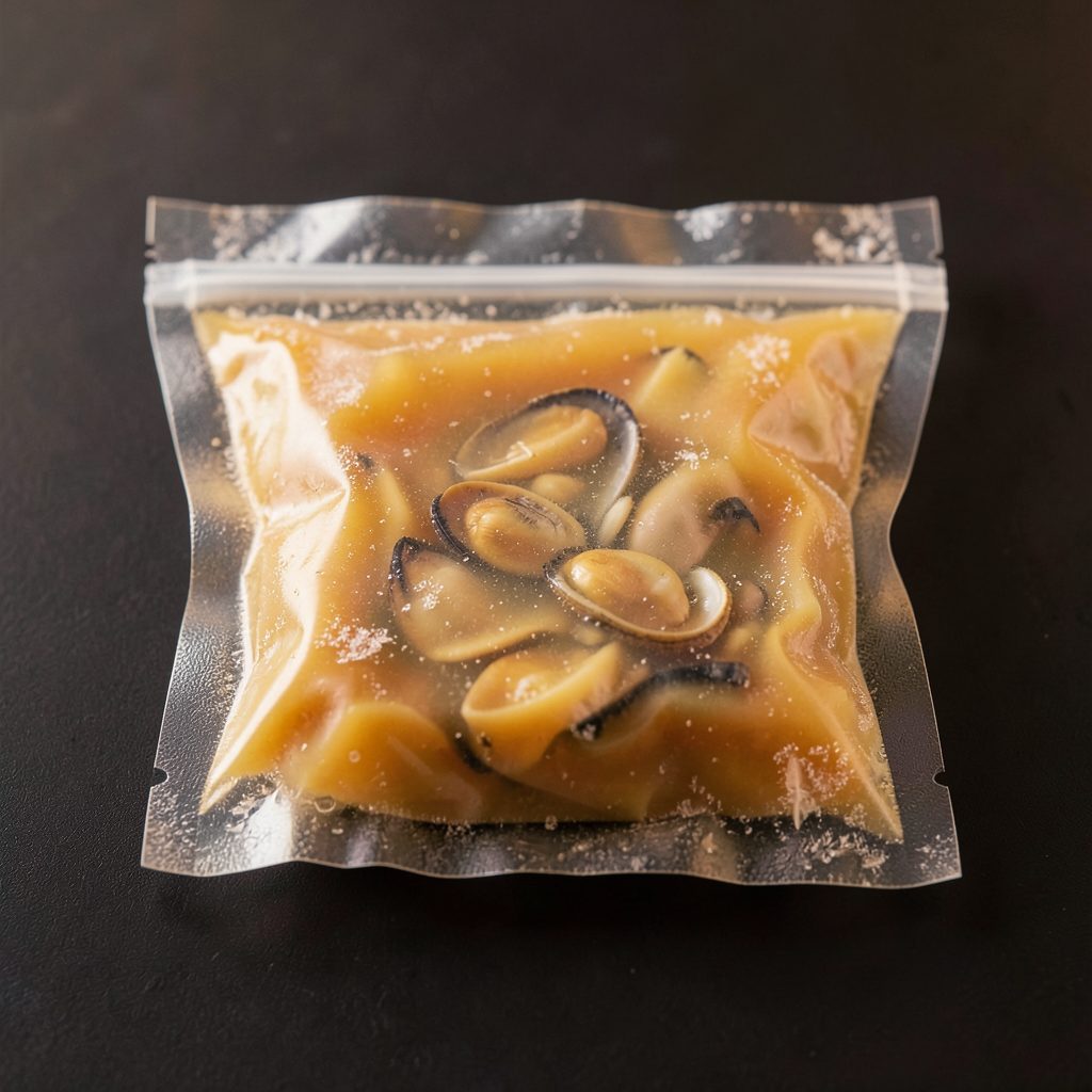 A vacuum-sealed frozen pack of golden clam soup base on a dark surface