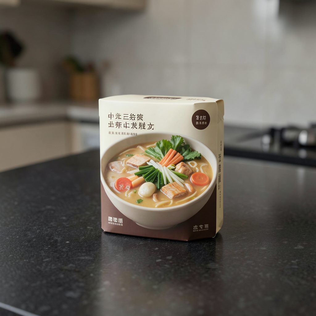 A frozen personal hot pot soup base pack with minimalist packaging in warm cream and deep brown tones