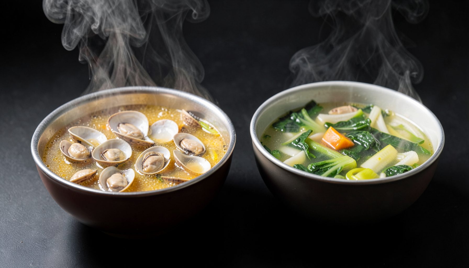 Two steaming hot pot bowls side by side on a dark surface, one with clams and golden broth, the other with vegetables and rich amber stock, warm moody lighting