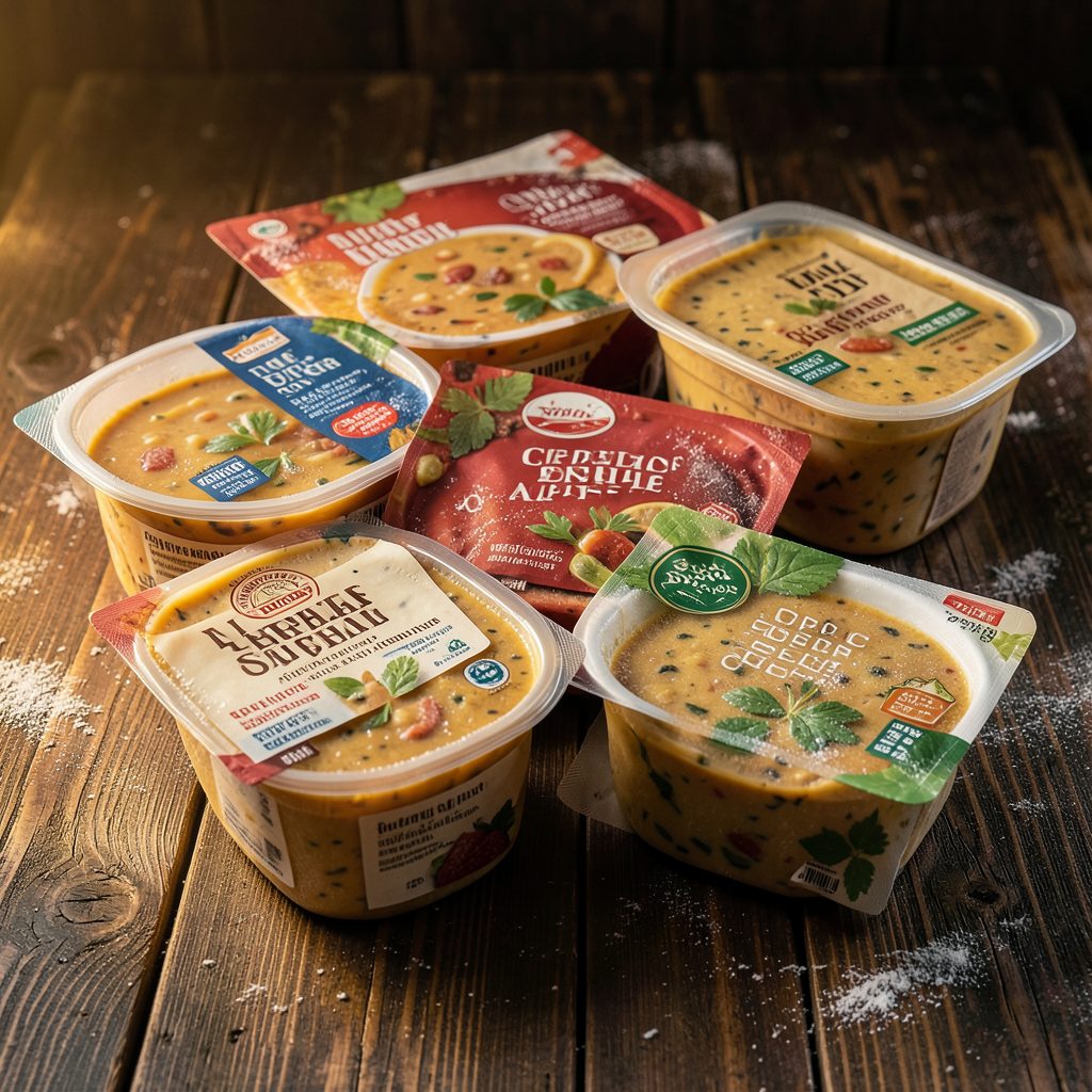 A variety of frozen soup base packs arranged on a dark wooden table, with warm golden lighting highlighting the packaging